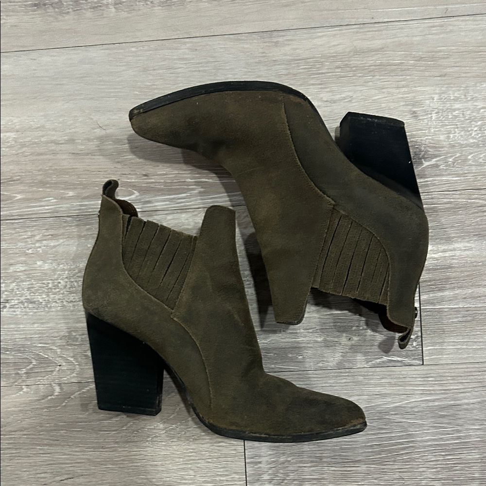 Donald Pliner Olive Green Suede Block Heel Ankle Boots